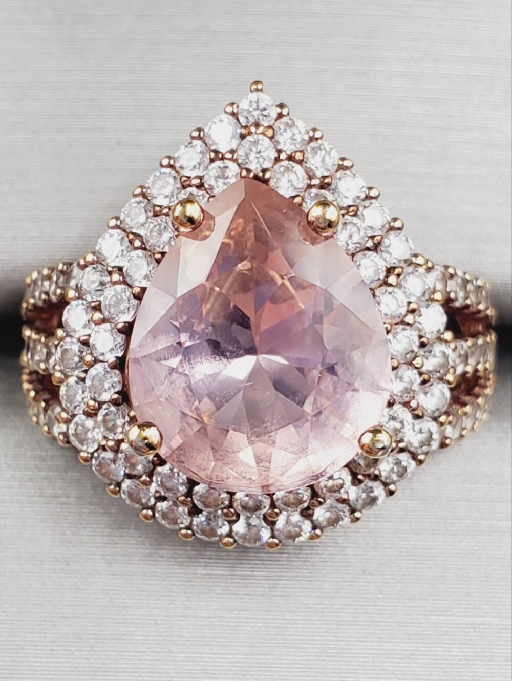 4 Carat Pear Morganite & Double Halo Ring Rosy Yellow Gold - 925 Sterling Silver